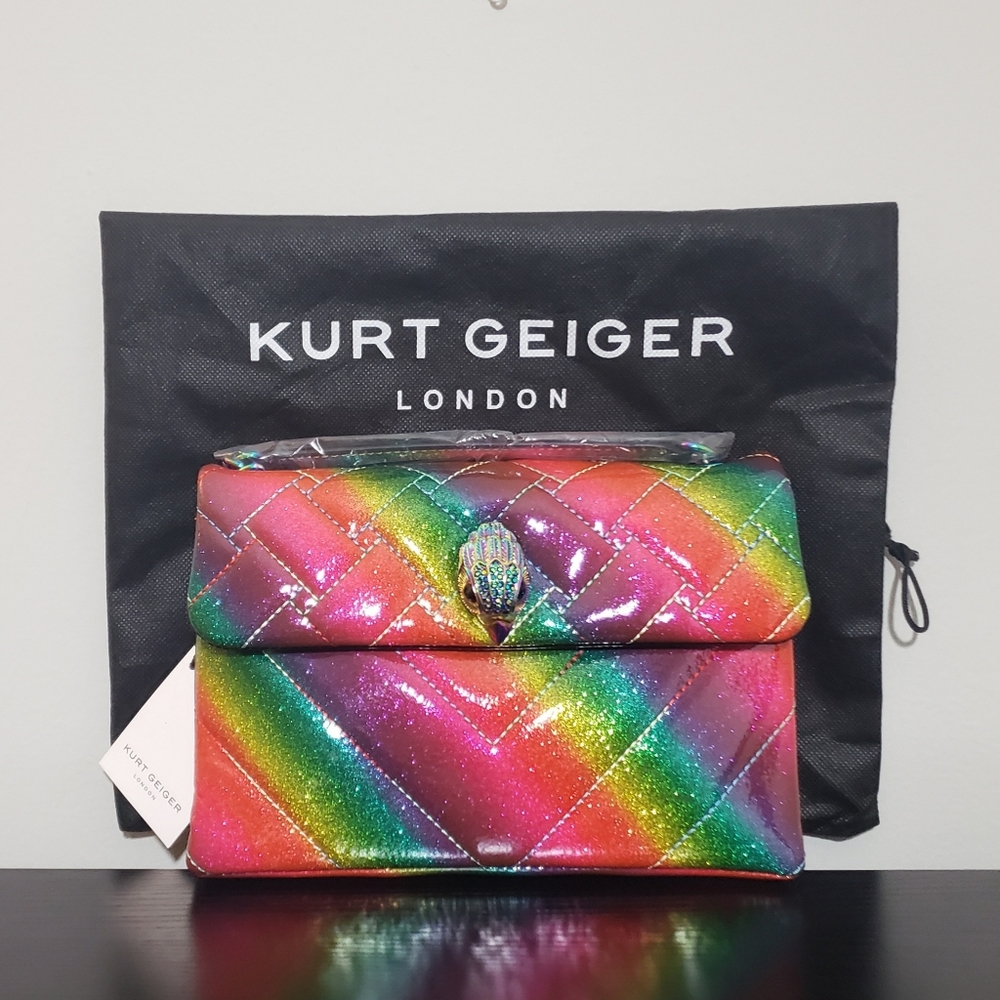 NWT! KURT GEIGER LONDON CONVERTIBLE CHEVRON GLITTER MEDIUM KENSINGTON HANDBAG